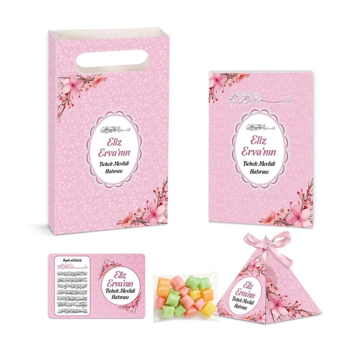 Çiçek Model Pembe Renkli Yasin Kitabı, Piramit Külah, Mevlüt Şekeri, Ayet-el Kürsi Magnet, Karton Çanta - Mevlüt Hediyelikleri