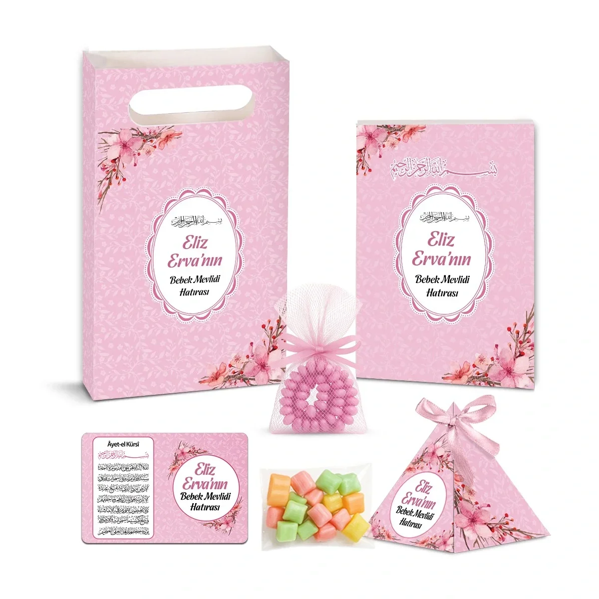 Çiçek Model Pembe Renkli Yasin Kitabı, Piramit Külah, Mevlüt Şekeri, Ayet-el Kürsi Magnet, Karton Çanta ve Tesbih - Mevlüt Hediyelikleri