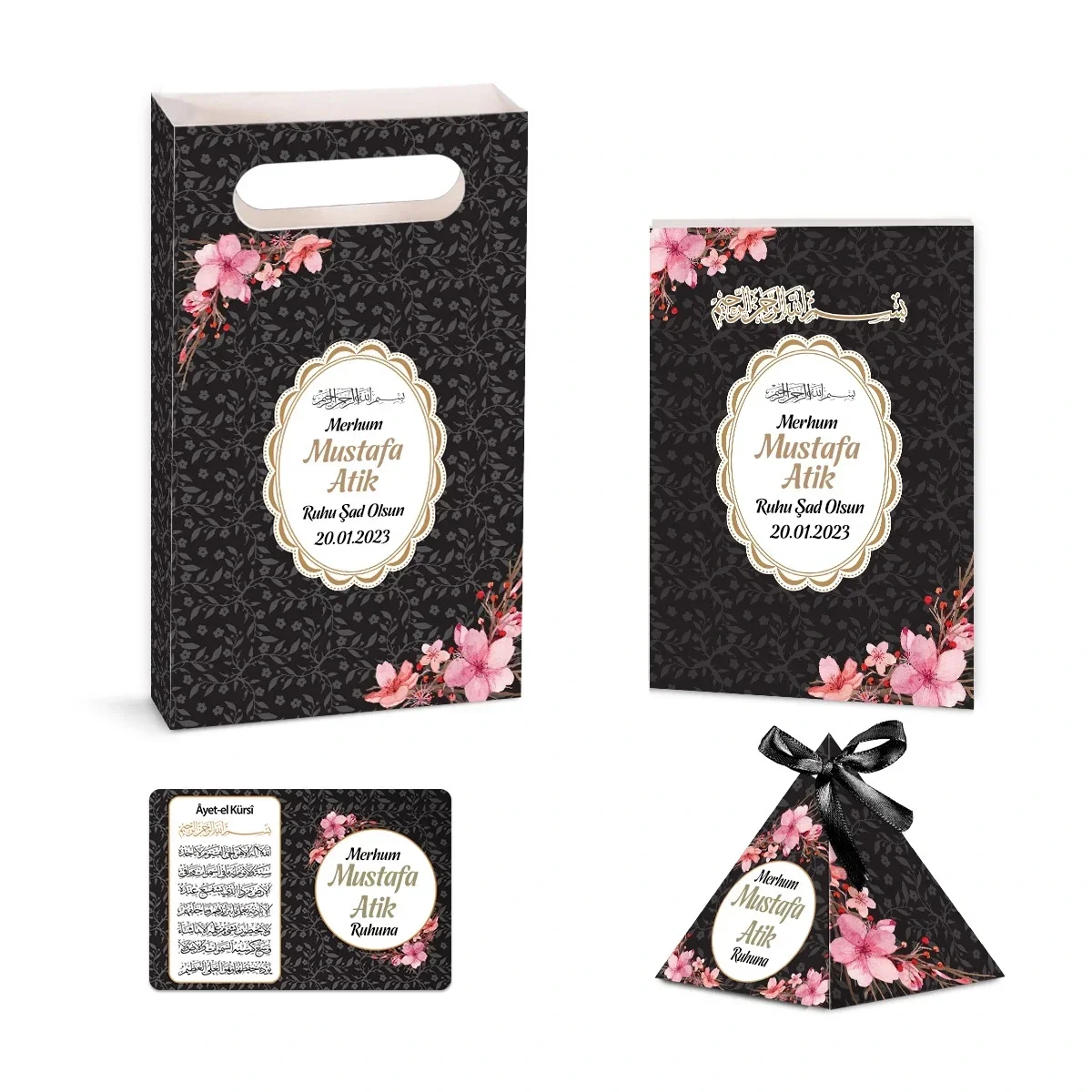 Çiçek Model Siyah Renkli Yasin Kitabı, Piramit Külah, Ayet-el Kürsi Magnet, Karton Çanta - Mevlüt Hediyelikleri