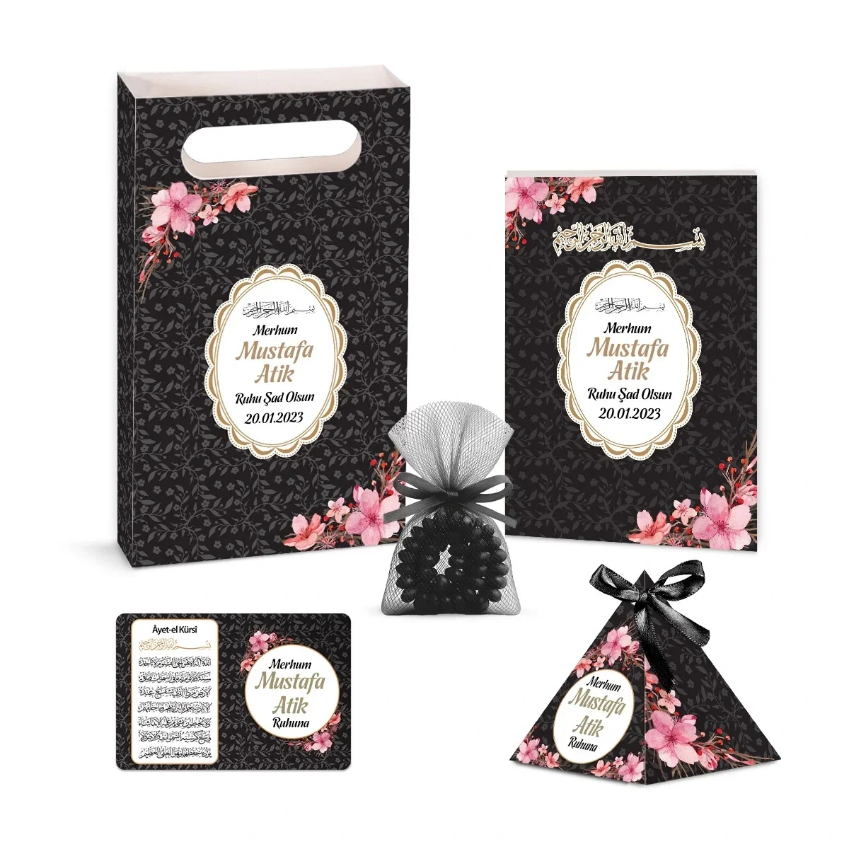 Çiçek Model Siyah Renkli Yasin Kitabı, Piramit Külah, Ayet-el Kürsi Magnet, Karton Çanta ve Tesbih - Mevlüt Hediyelikleri