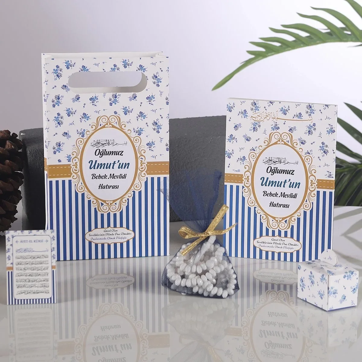 Çizgi Model Lacivert Renkli Yasin Kitabı, Lokum Kutusu, Magnet, Karton Çanta ve Tesbih - Mevlüt Hediyelikleri