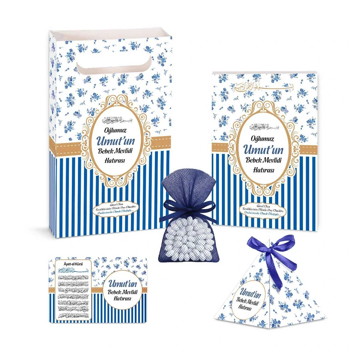 Çizgi Model Lacivert Renkli Yasin Kitabı, Piramit Külah, Ayet-el Kürsi Magnet, Karton Çanta ve Tesbih - Mevlüt Hediyelikleri