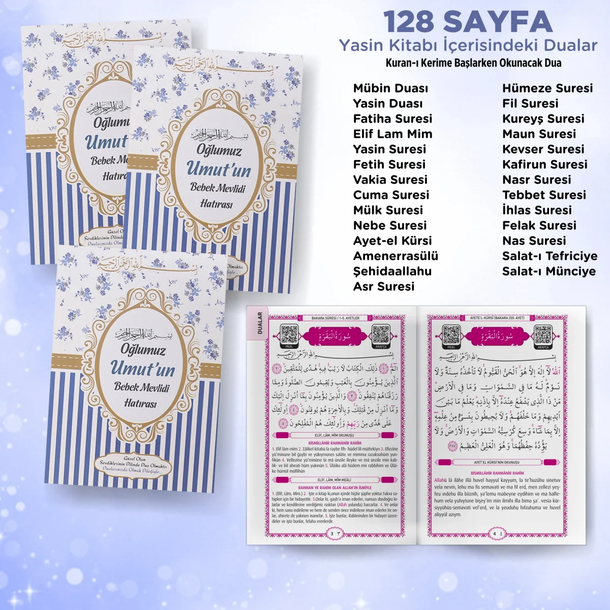 Çizgi Model Lacivert Renkli Yasin Kitabı, Piramit Külah, Ayet-el Kürsi Magnet, Karton Çanta ve Tesbih - Mevlüt Hediyelikleri