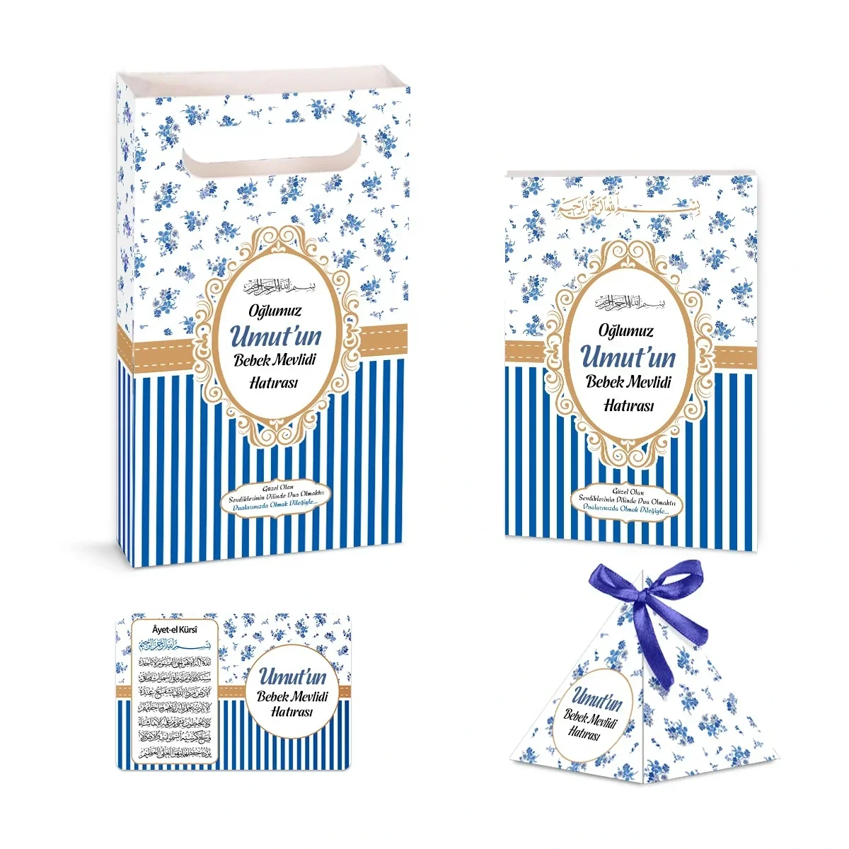 Çizgi Model Lacivert Renkli Yasin Kitabı, Piramit Külah, Mevlüt Şekeri, Ayet-el Kürsi Magnet, Karton Çanta - Mevlüt Hediyelikleri