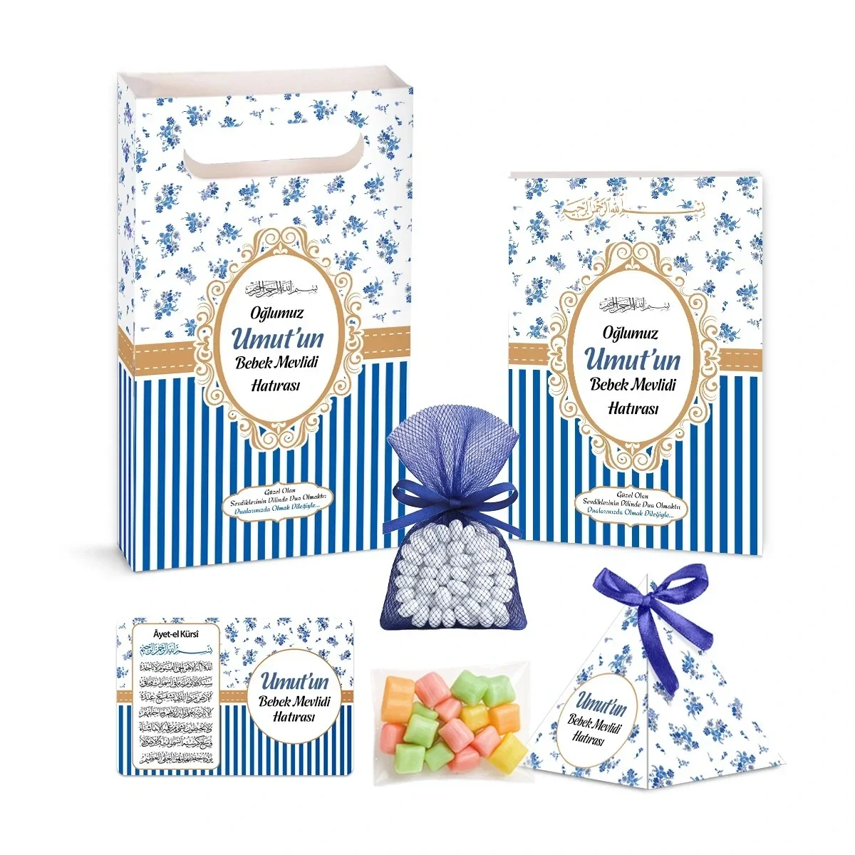 Çizgi Model Lacivert Renkli Yasin Kitabı, Piramit Külah, Mevlüt Şekeri, Ayet-el Kürsi Magnet, Karton Çanta ve Tesbih - Mevlüt Hediyelikleri