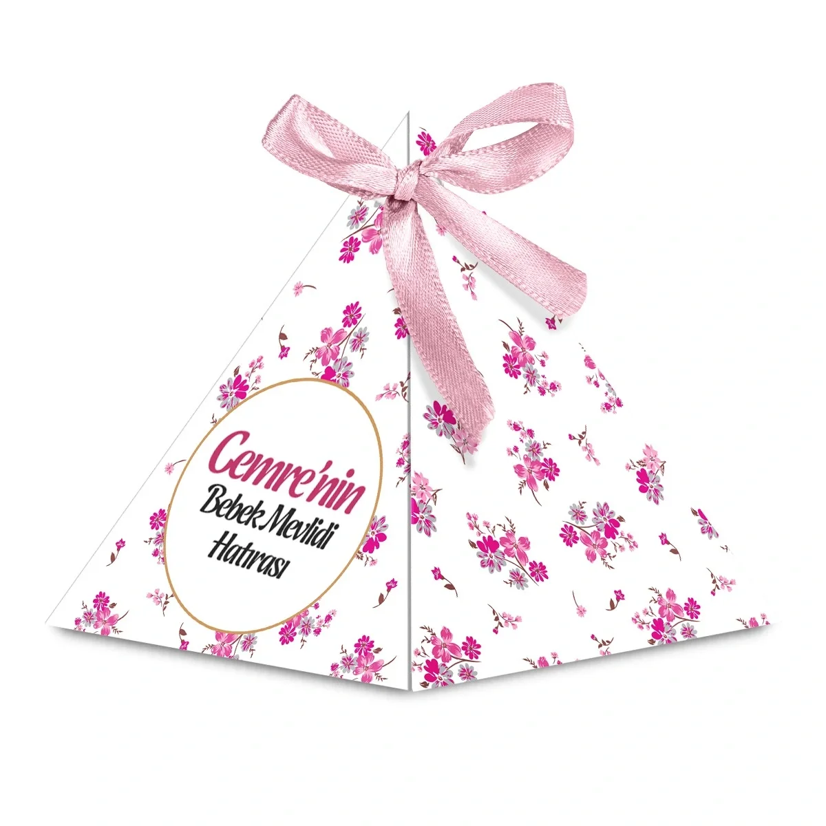 Çizgi Model Pembe Renkli Mevlüt Şekeri İçin İsme Özel Piramit Külah