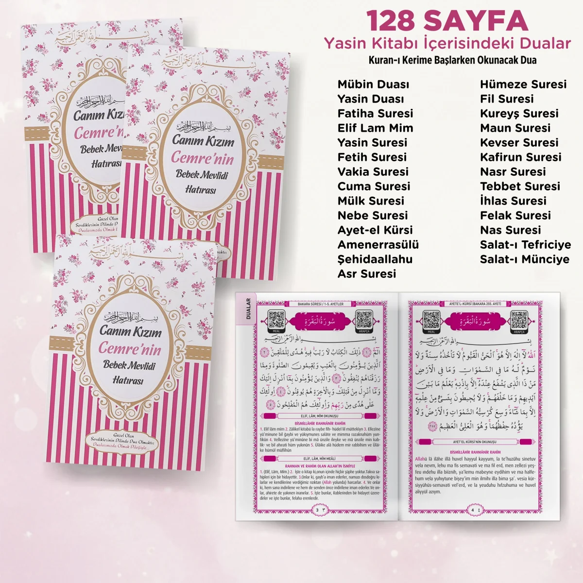 Çizgi Model Pembe Renkli Tül Kese İçerisinde Yasin Kitabı - Mevlüt Hediyelikleri