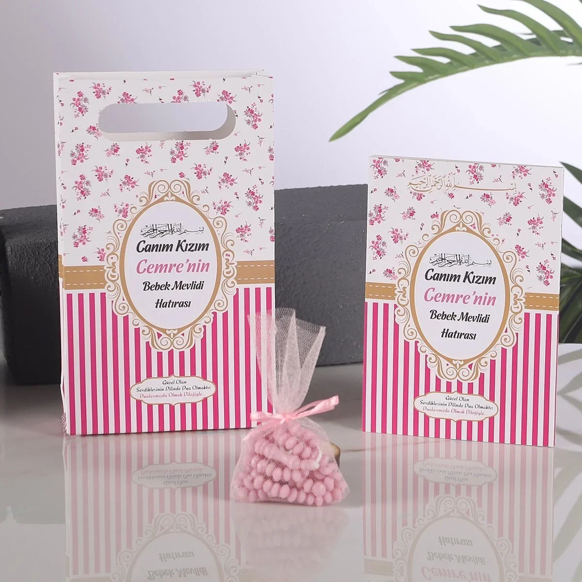 Çizgi Model Pembe Renkli Yasin Kitabı, Karton Çanta ve Tesbih - Mevlüt Hediyelikleri
