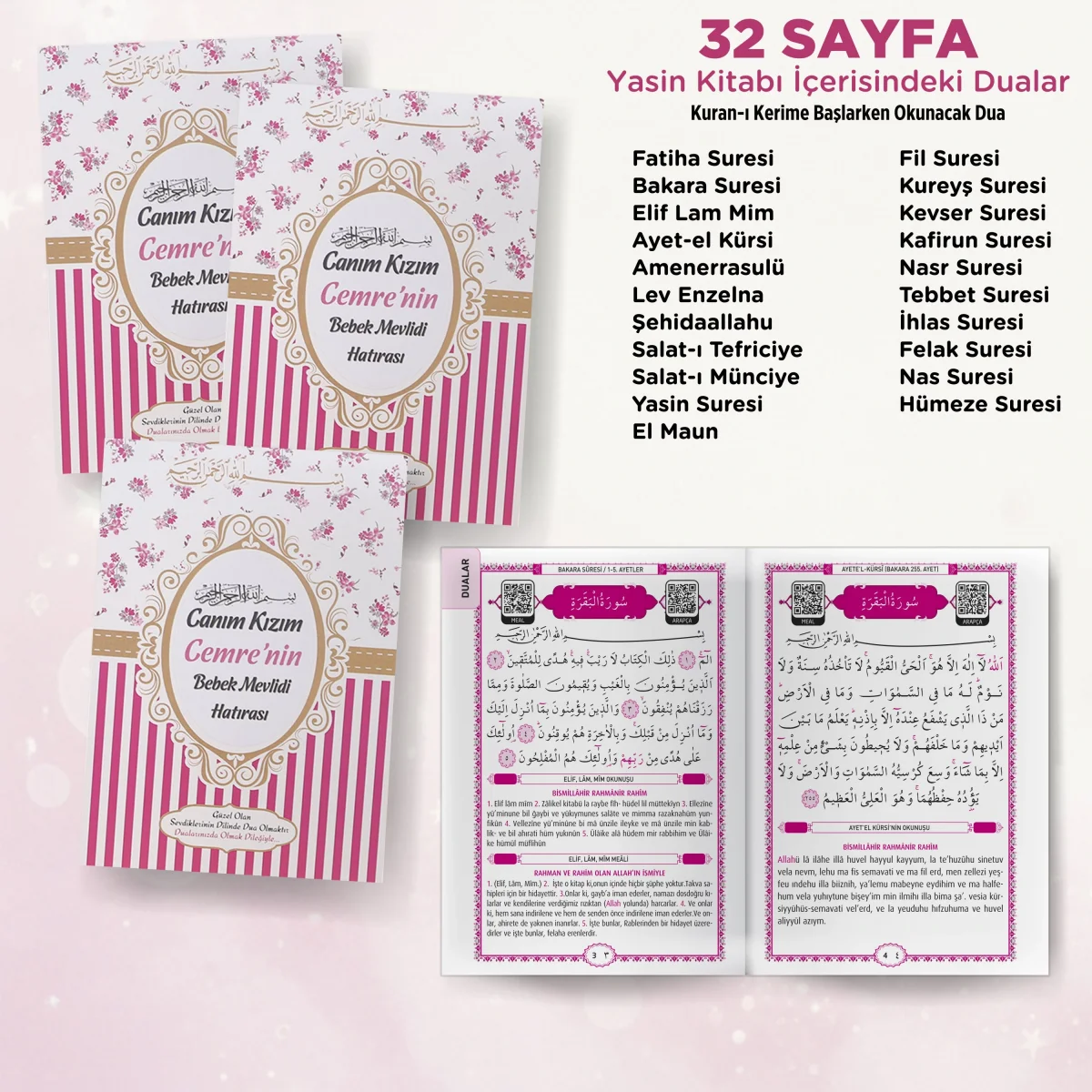 Çizgi Model Pembe Renkli Yasin Kitabı, Piramit Külah, Ayet-el Kürsi Magnet, Karton Çanta - Mevlüt Hediyelikleri