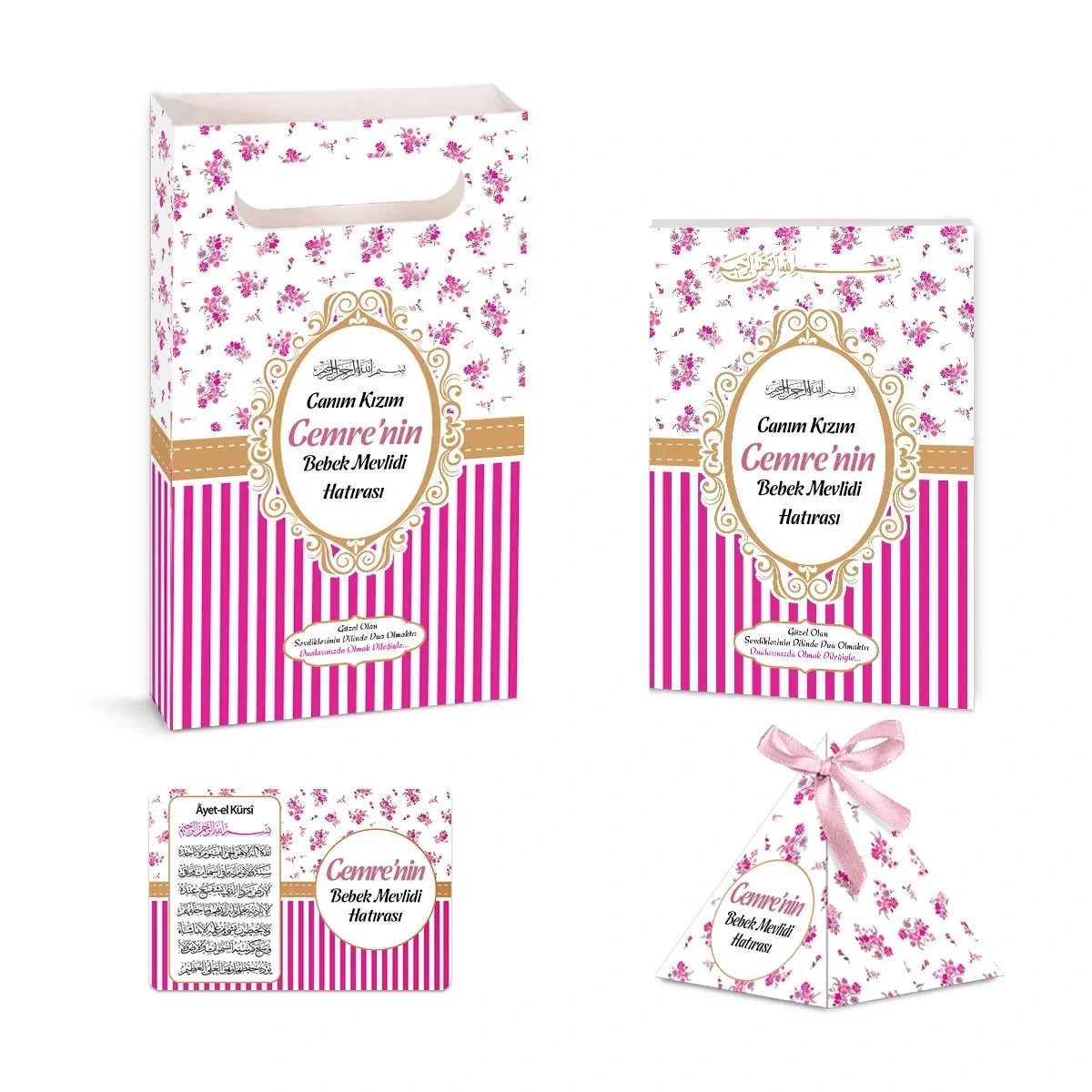 Çizgi Model Pembe Renkli Yasin Kitabı, Piramit Külah, Ayet-el Kürsi Magnet, Karton Çanta - Mevlüt Hediyelikleri