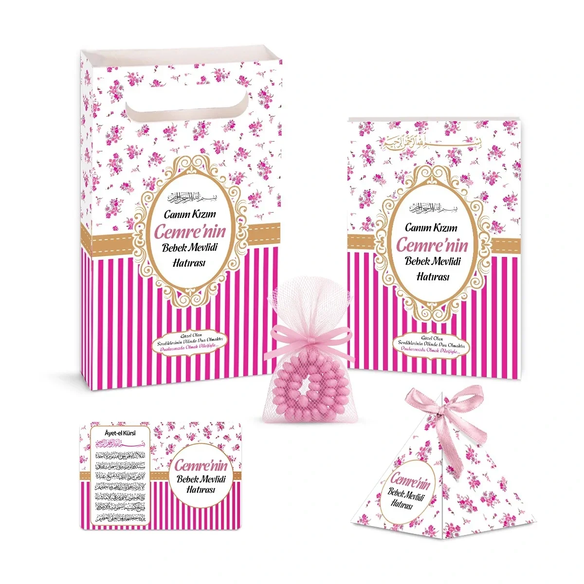 Çizgi Model Pembe Renkli Yasin Kitabı, Piramit Külah, Ayet-el Kürsi Magnet, Karton Çanta ve Tesbih - Mevlüt Hediyelikleri