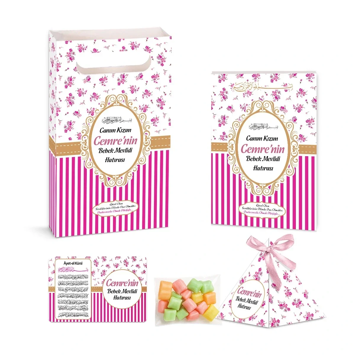 Çizgi Model Pembe Renkli Yasin Kitabı, Piramit Külah, Mevlüt Şekeri, Ayet-el Kürsi Magnet, Karton Çanta - Mevlüt Hediyelikleri