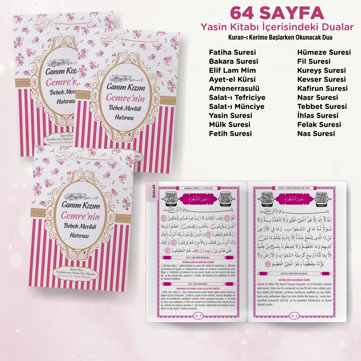 Çizgi Model Pembe Renkli Yasin Kitabı, Piramit Külah, Mevlüt Şekeri, Ayet-el Kürsi Magnet, Karton Çanta - Mevlüt Hediyelikleri