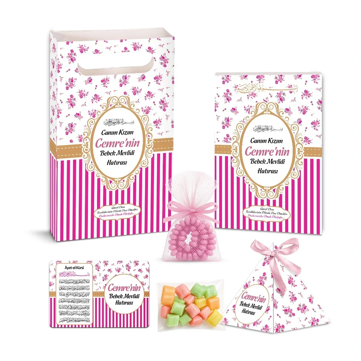 Çizgi Model Pembe Renkli Yasin Kitabı, Piramit Külah, Mevlüt Şekeri, Ayet-el Kürsi Magnet, Karton Çanta ve Tesbih - Mevlüt Hediyelikleri