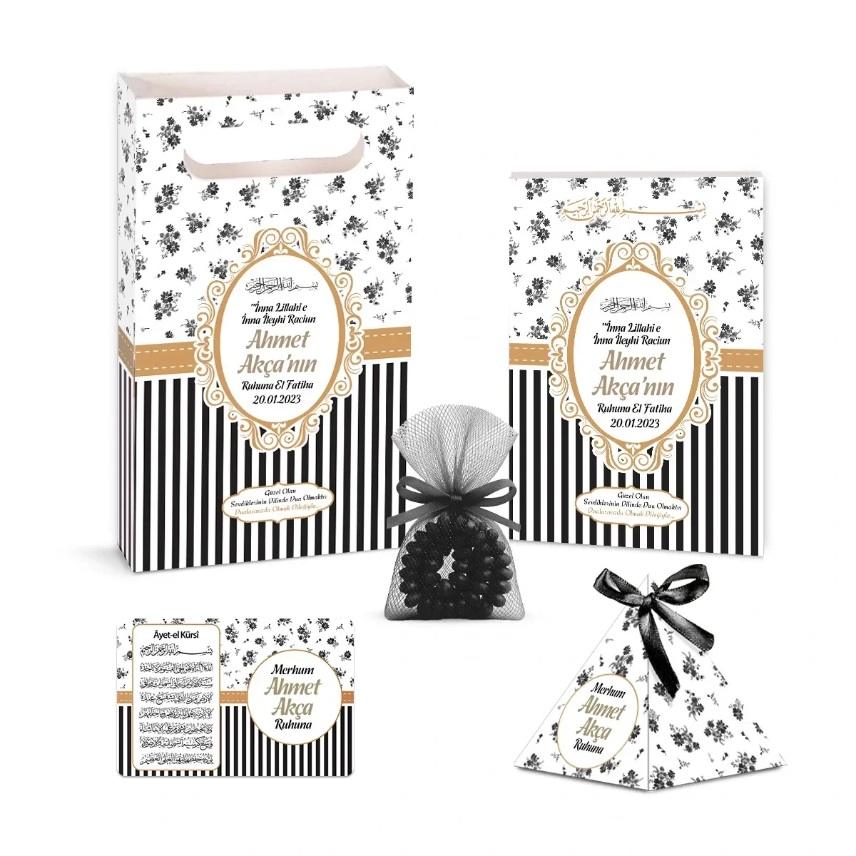 Çizgi Model Siyah Renkli Yasin Kitabı, Piramit Külah, Ayet-el Kürsi Magnet, Karton Çanta ve Tesbih - Mevlüt Hediyelikleri