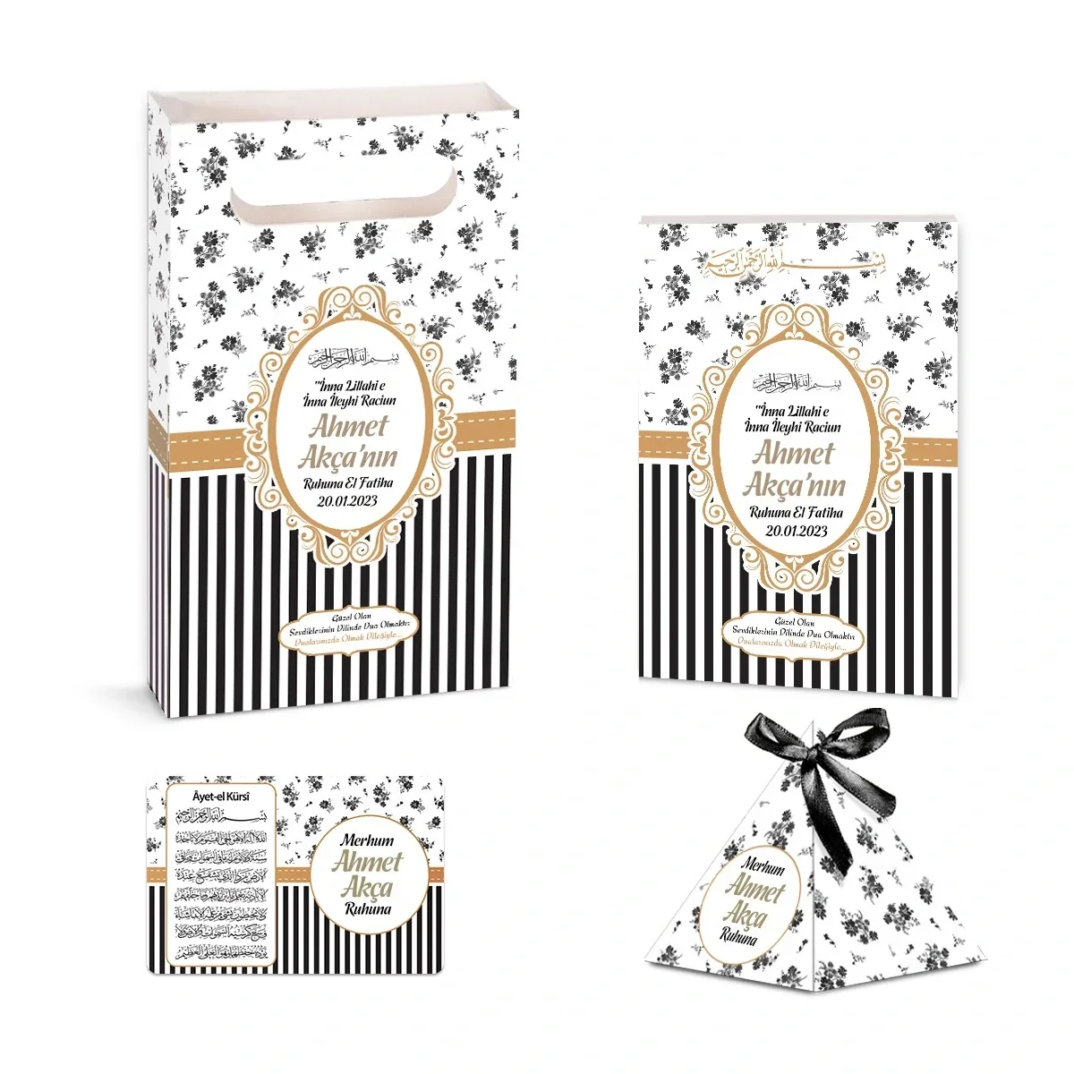 Çizgi Model Siyah Renkli Yasin Kitabı, Piramit Külah, Ayet-el Kürsi Magnet, Karton Çanta - Mevlüt Hediyelikleri
