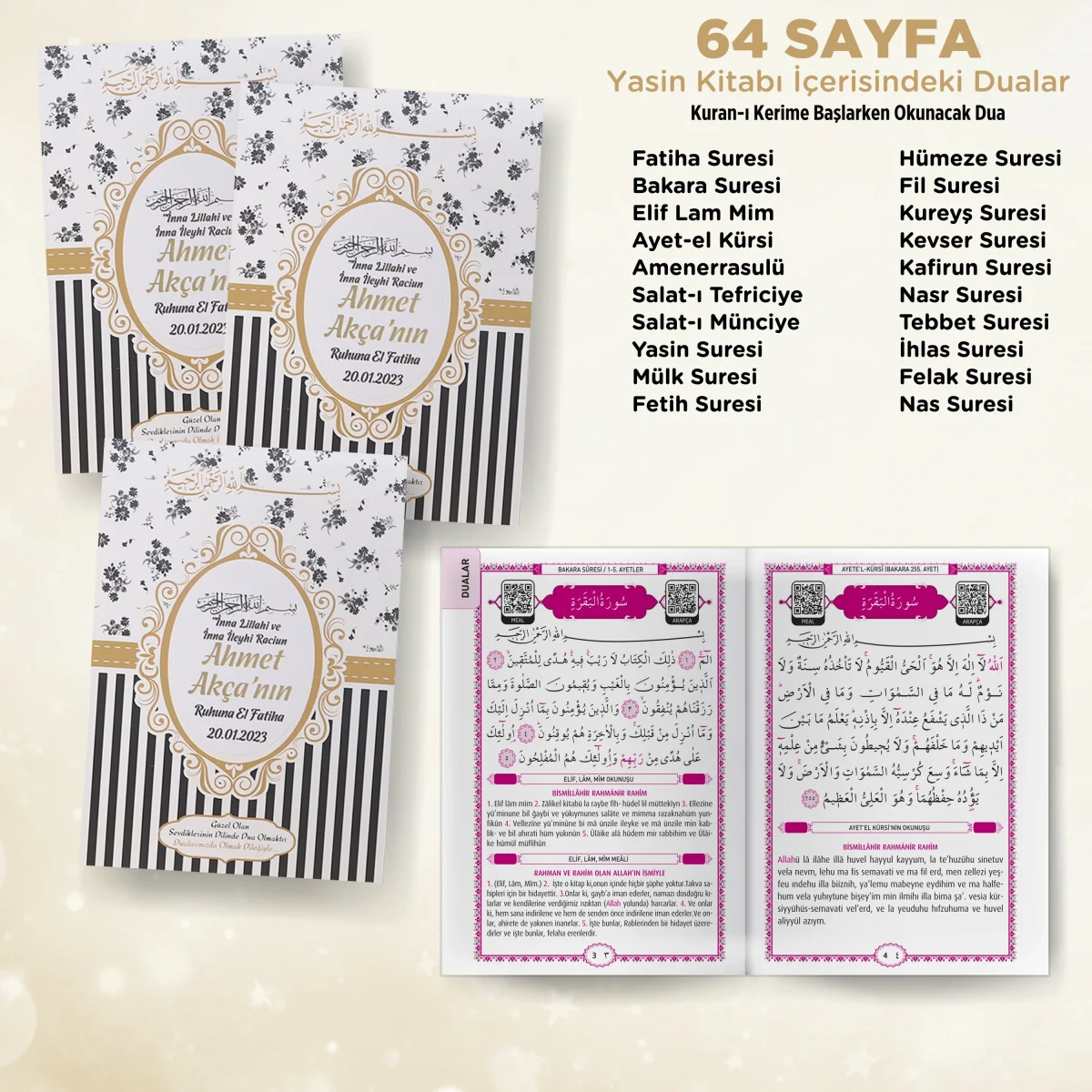 Çizgi Model Siyah Renkli Yasin Kitabı, Piramit Külah, Ayet-el Kürsi Magnet, Karton Çanta ve Tesbih - Mevlüt Hediyelikleri