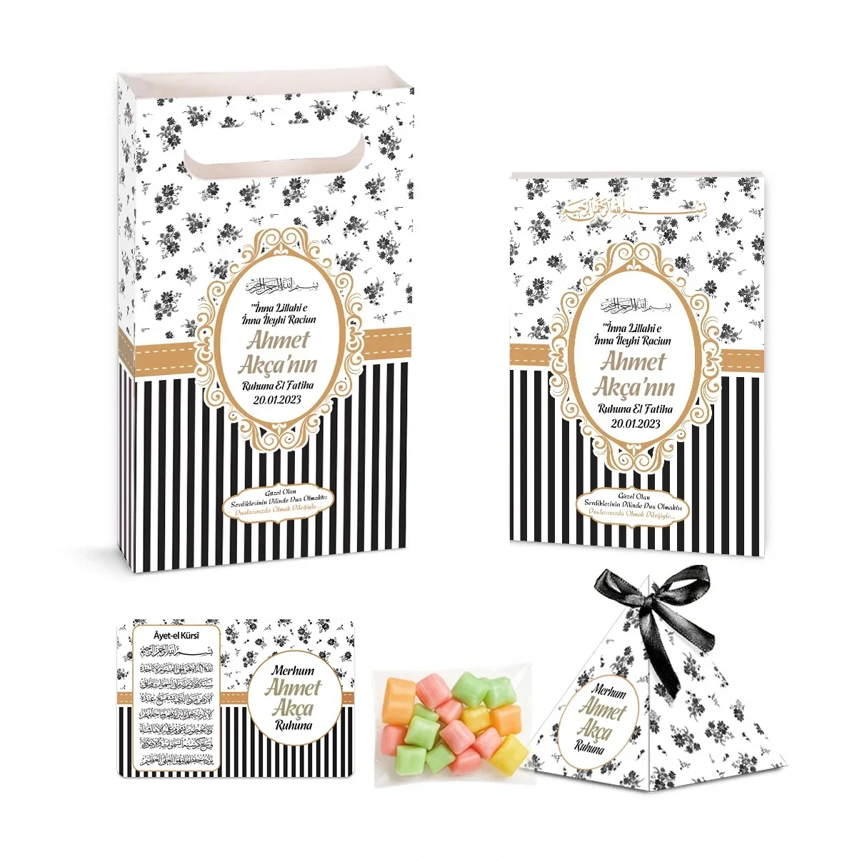 Çizgi Model Siyah Renkli Yasin Kitabı, Piramit Külah, Mevlüt Şekeri, Ayet-el Kürsi Magnet, Karton Çanta - Mevlüt Hediyelikleri