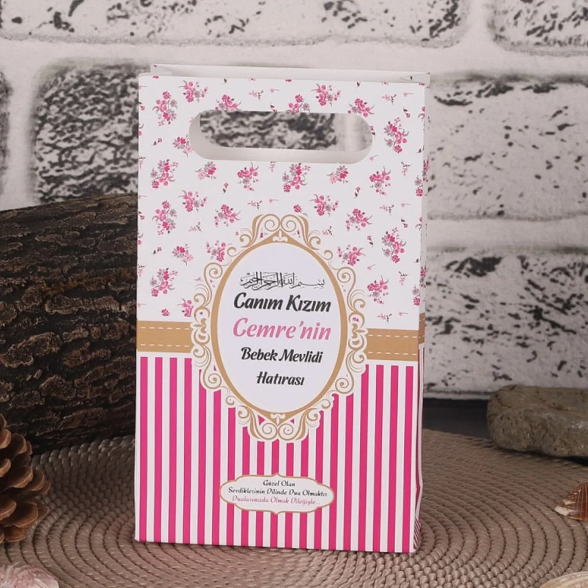 Çizgi Model Pembe Renkli Mevlüt İçin Karton Çanta