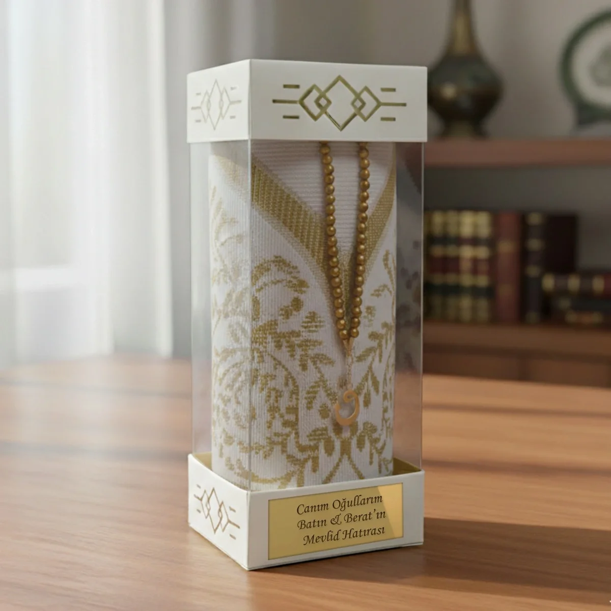 Gold Renkli İsme Özel Silindir Kutu İçerisinde Seccade ve Tesbih