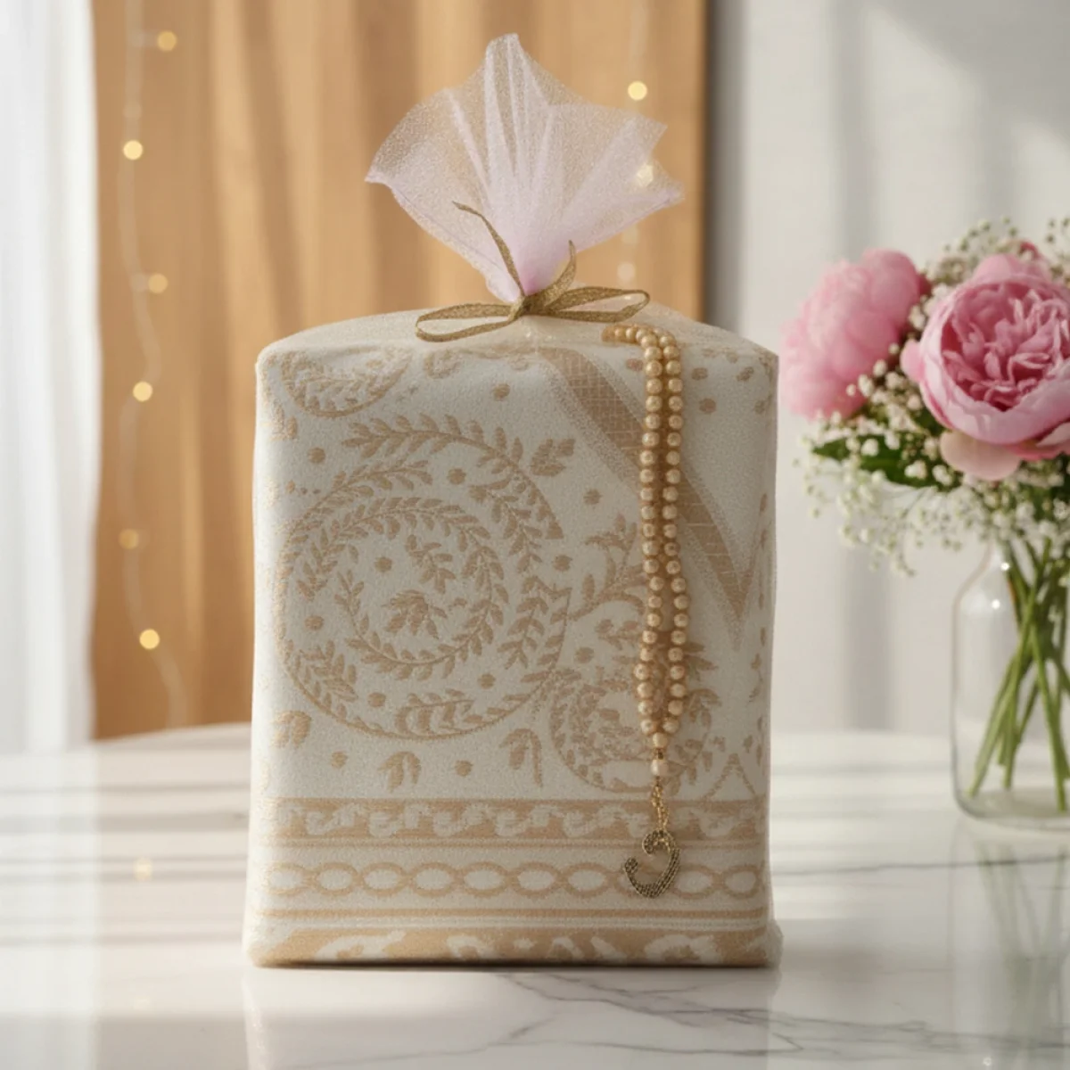 Gold Renkli Tül Kese İçerisinde Seccade ve Tesbih