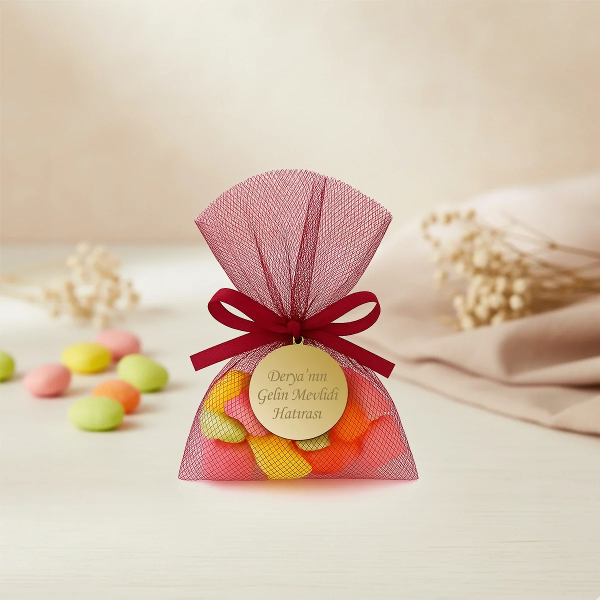 İsme Özel Bordo Renkli Tül Kese İçerisinde Mevlüt Şekeri - Mevlüt Hediyelikleri