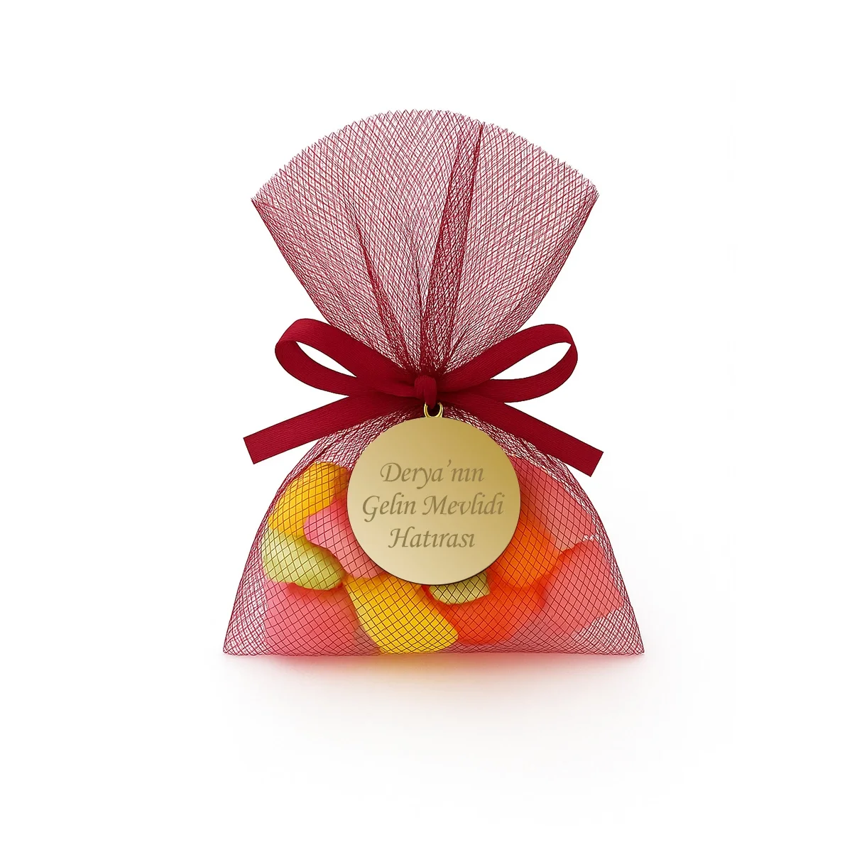 İsme Özel Bordo Renkli Tül Kese İçerisinde Mevlüt Şekeri - Mevlüt Hediyelikleri