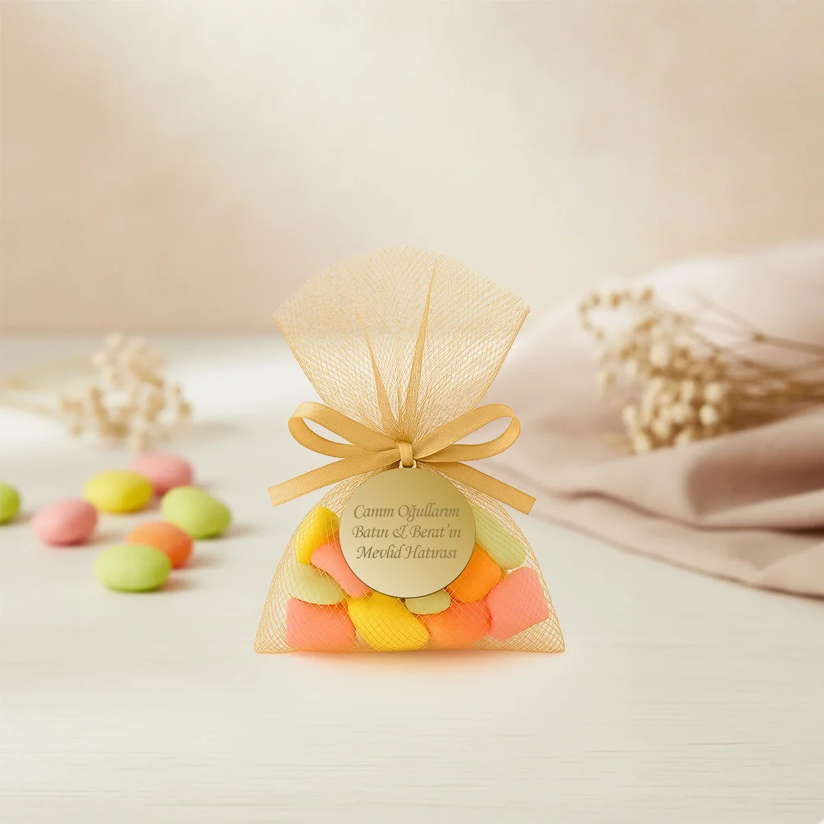 İsme Özel Gold Renkli Tül Kese İçerisinde Mevlüt Şekeri - Mevlüt Hediyelikleri