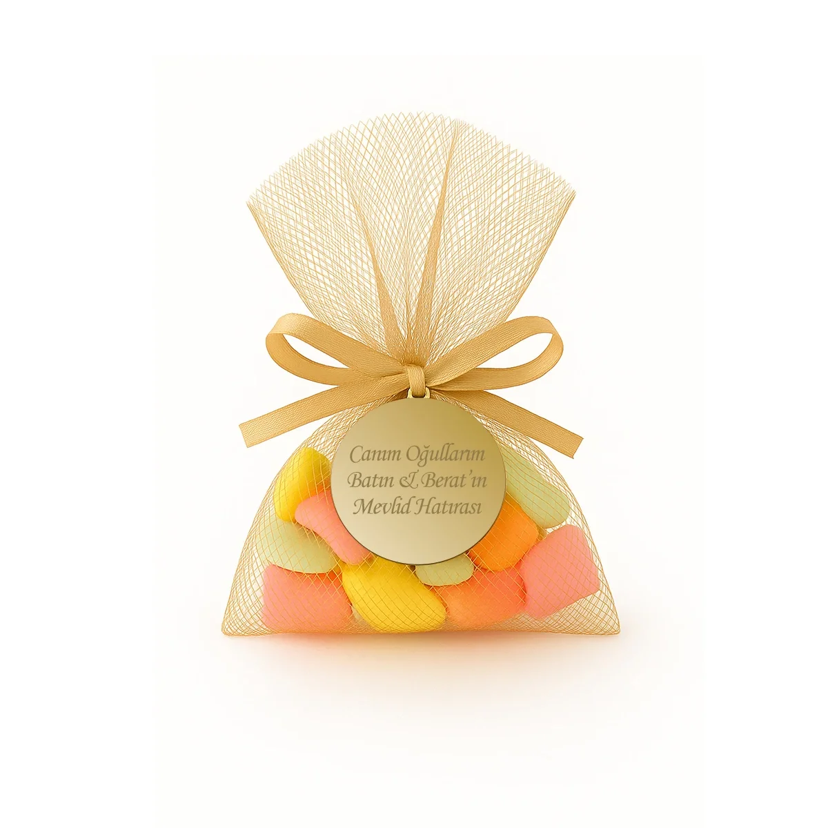 İsme Özel Gold Renkli Tül Kese İçerisinde Mevlüt Şekeri - Mevlüt Hediyelikleri