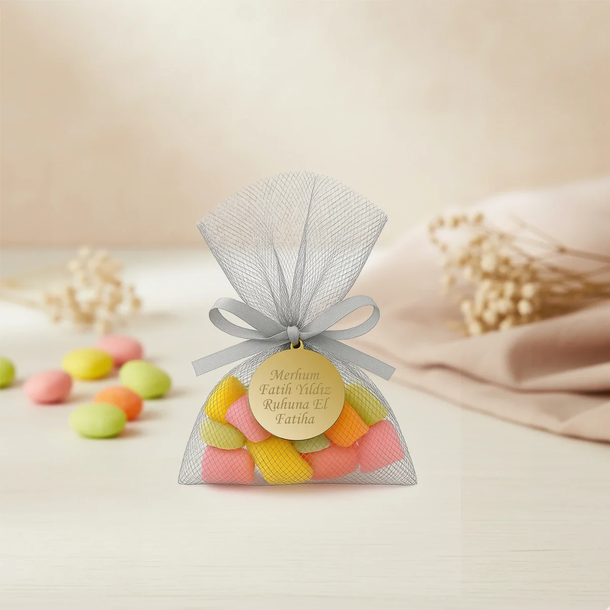 İsme Özel Gri Renkli Tül Kese İçerisinde Mevlüt Şekeri - Mevlüt Hediyelikleri