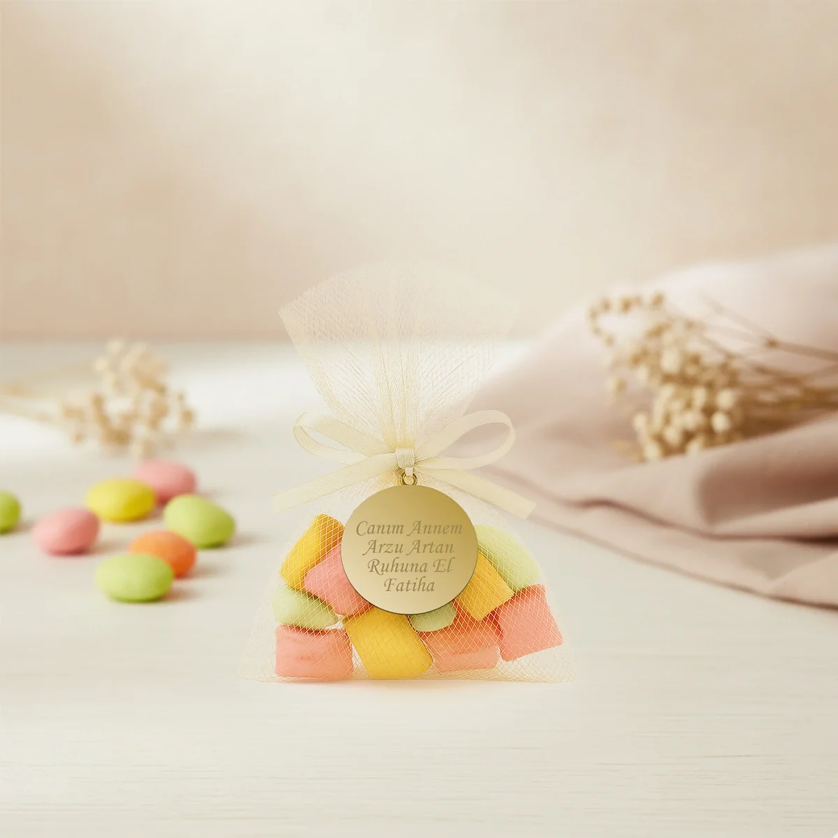 İsme Özel Krem Renkli Tül Kese İçerisinde Mevlüt Şekeri - Mevlüt Hediyelikleri