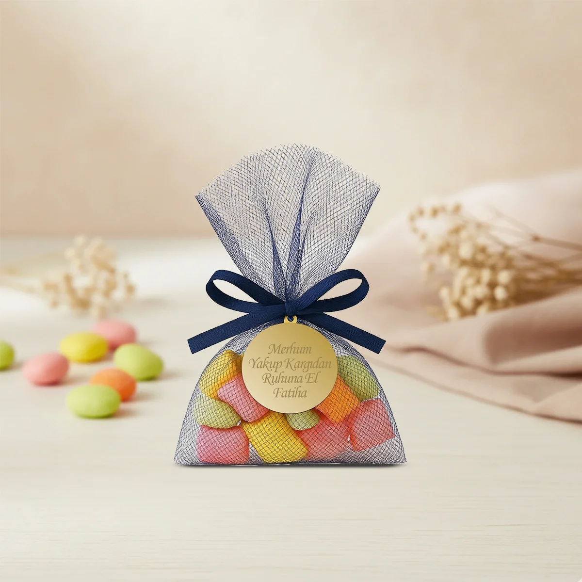 İsme Özel Lacivert Renkli Tül Kese İçerisinde Mevlüt Şekeri - Mevlüt Hediyelikleri