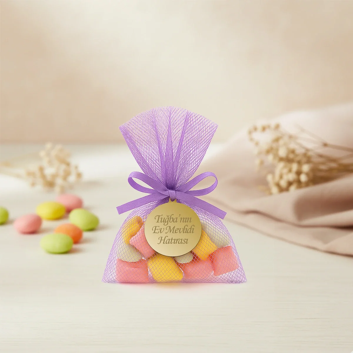 İsme Özel Lila Renkli Tül Kese İçerisinde Mevlüt Şekeri - Mevlüt Hediyelikleri