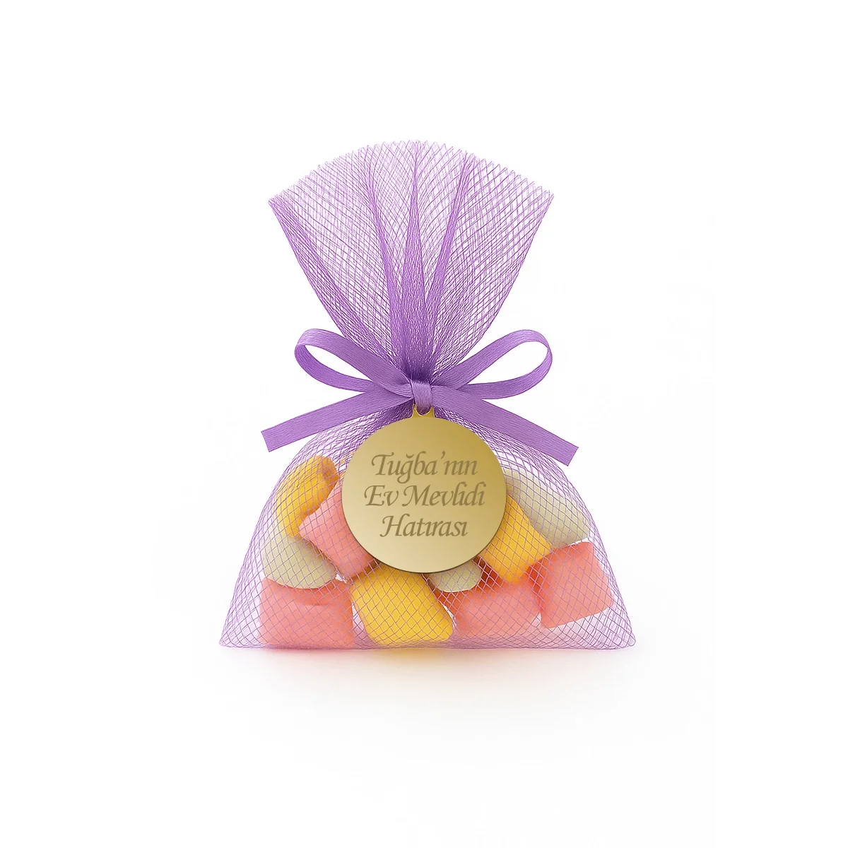 İsme Özel Lila Renkli Tül Kese İçerisinde Mevlüt Şekeri - Mevlüt Hediyelikleri