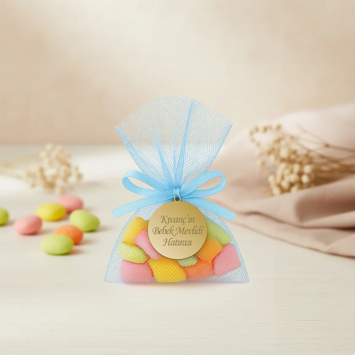 İsme Özel Mavi Renkli Tül Kese İçerisinde Mevlüt Şekeri - Mevlüt Hediyelikleri
