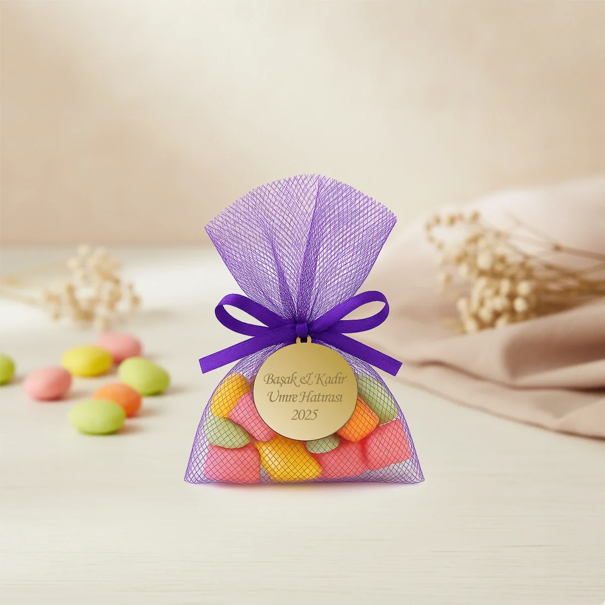 İsme Özel Mor Renkli Tül Kese İçerisinde Mevlüt Şekeri - Mevlüt Hediyelikleri