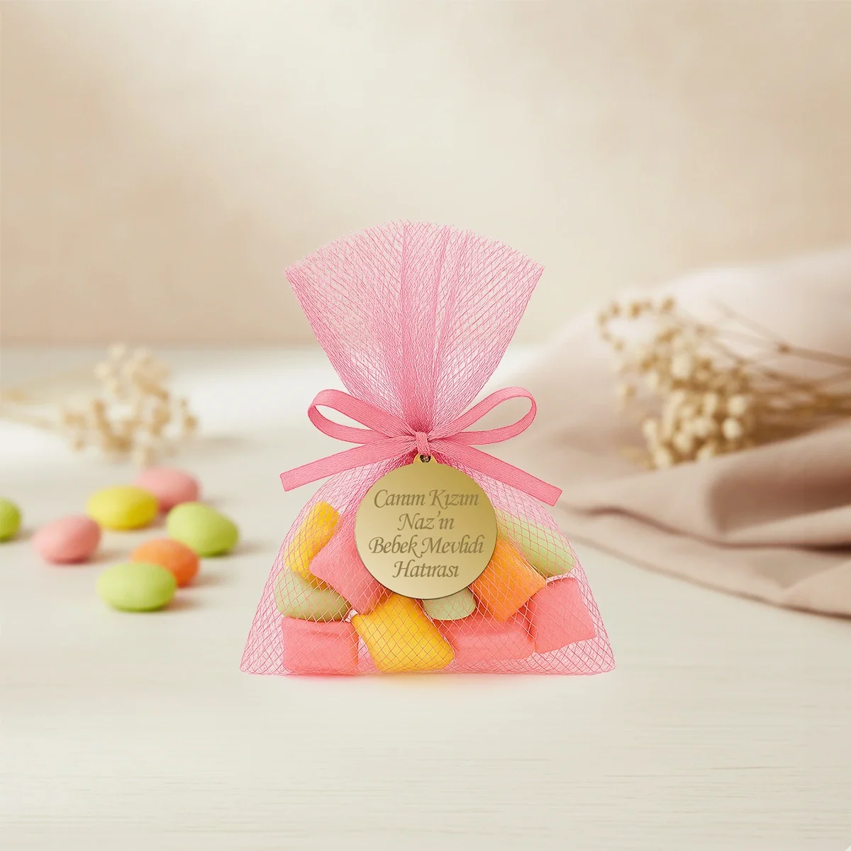 İsme Özel Pembe Renkli Tül Kese İçerisinde Mevlüt Şekeri - Mevlüt Hediyelikleri