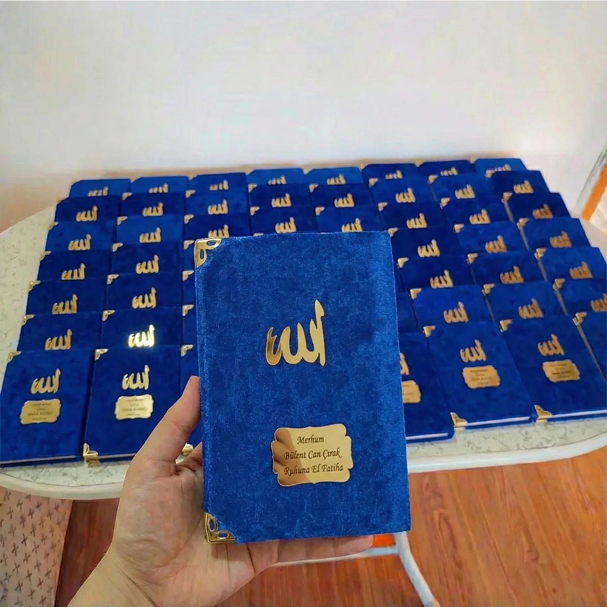 İsme Özel Saks Mavisi Renkli Kadife Yasin Kitabı - Mevlüt Hediyelikleri