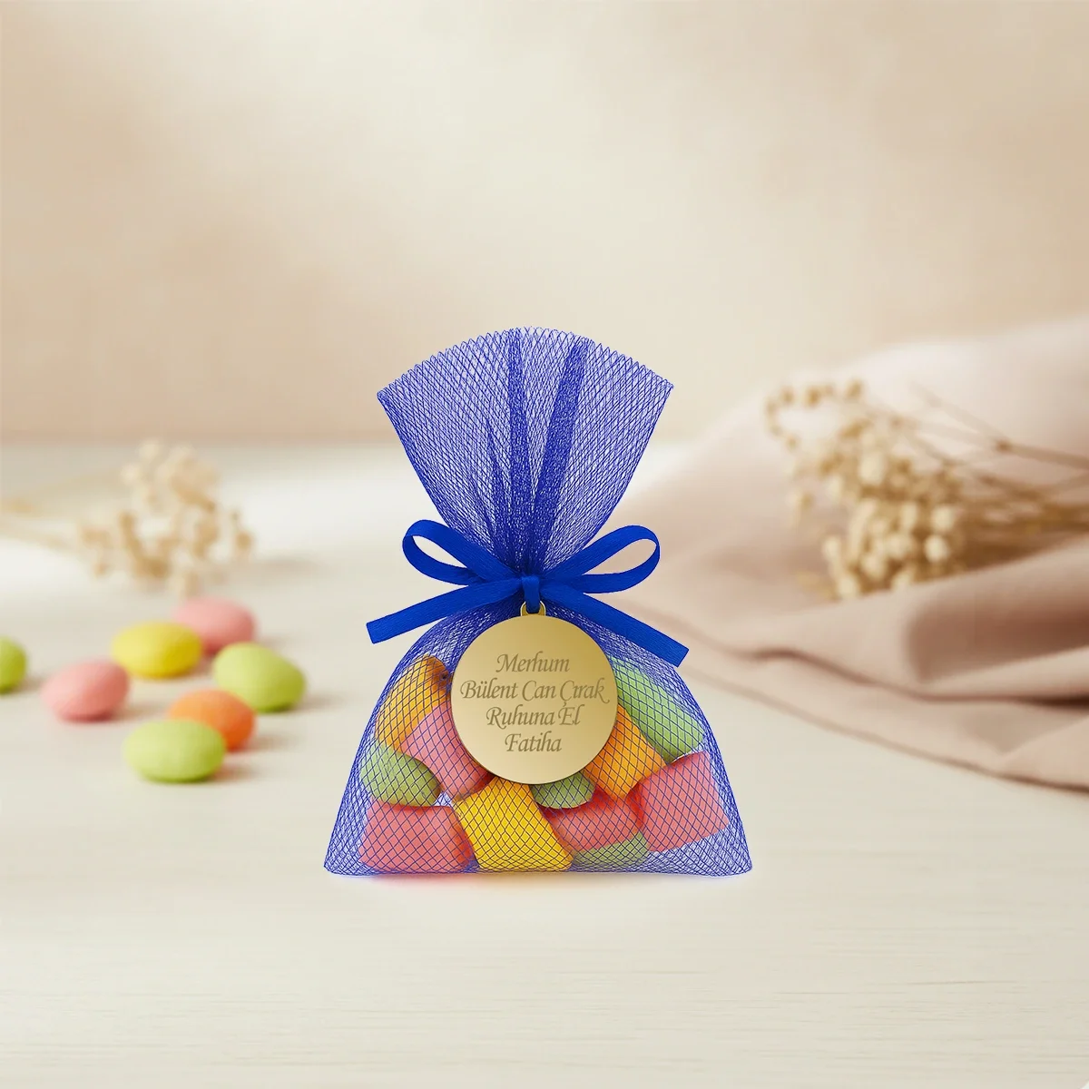 İsme Özel Saks Mavisi Renkli Tül Kese İçerisinde Mevlüt Şekeri - Mevlüt Hediyelikleri
