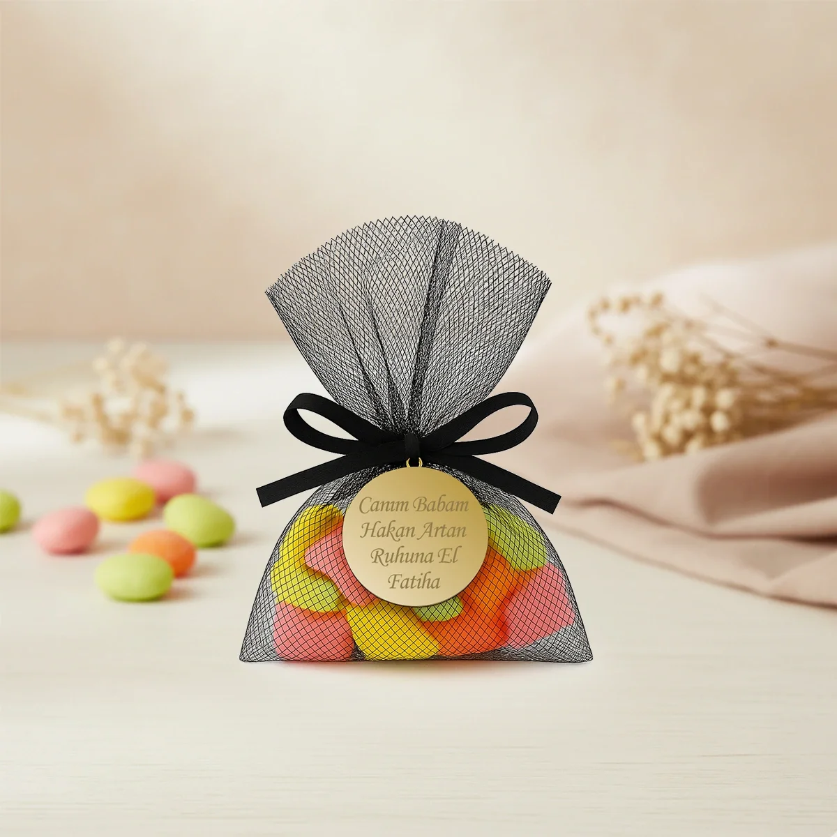 İsme Özel Siyah Renkli Tül Kese İçerisinde Mevlüt Şekeri - Mevlüt Hediyelikleri