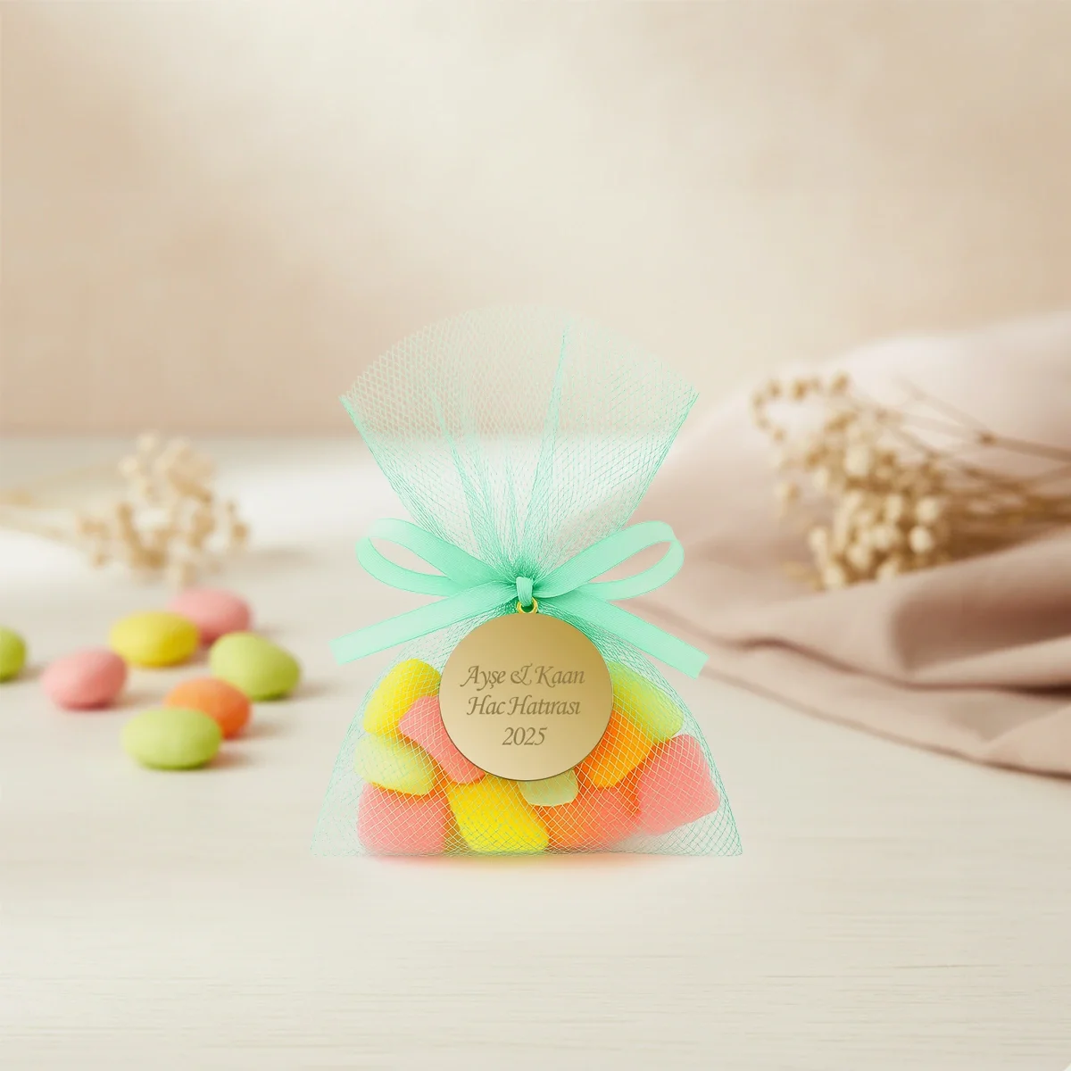 İsme Özel Su Yeşili Renkli Tül Kese İçerisinde Mevlüt Şekeri - Mevlüt Hediyelikleri