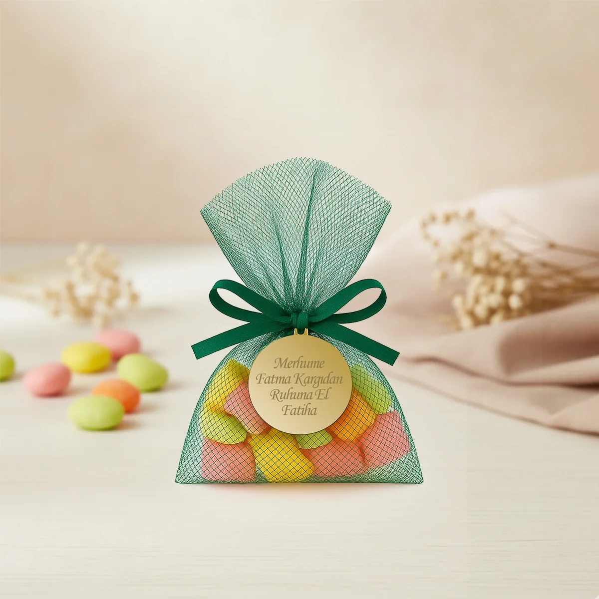 İsme Özel Zümrüt Renkli Tül Kese İçerisinde Mevlüt Şekeri - Mevlüt Hediyelikleri
