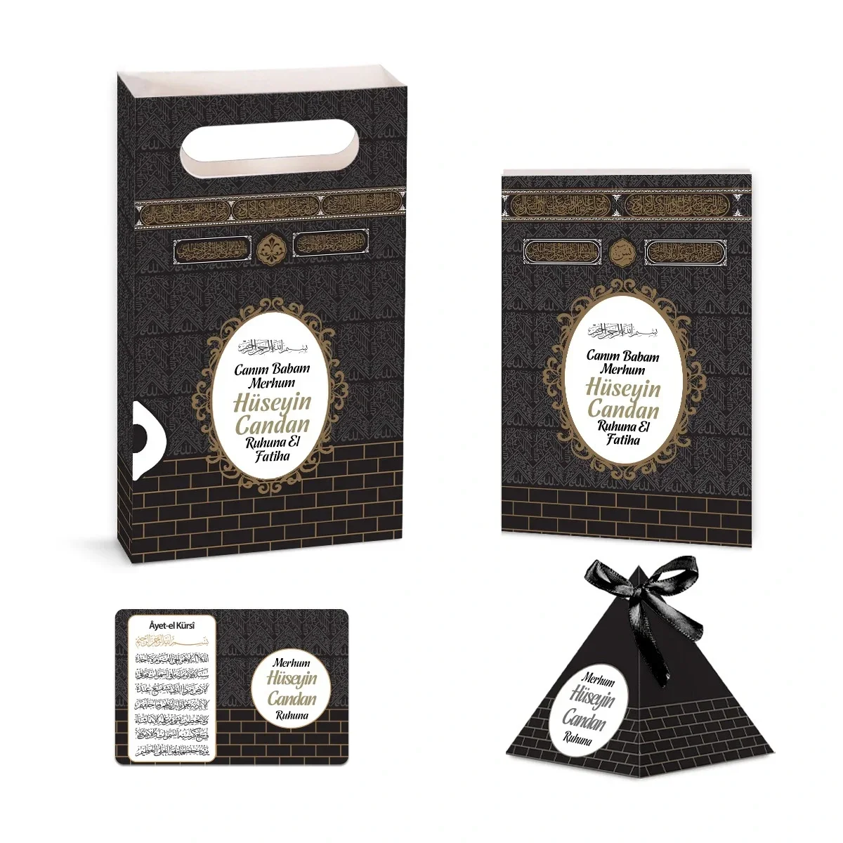 Kabe Model Siyah Renkli Yasin Kitabı, Piramit Külah, Ayet-el Kürsi Magnet, Karton Çanta - Mevlüt Hediyelikleri