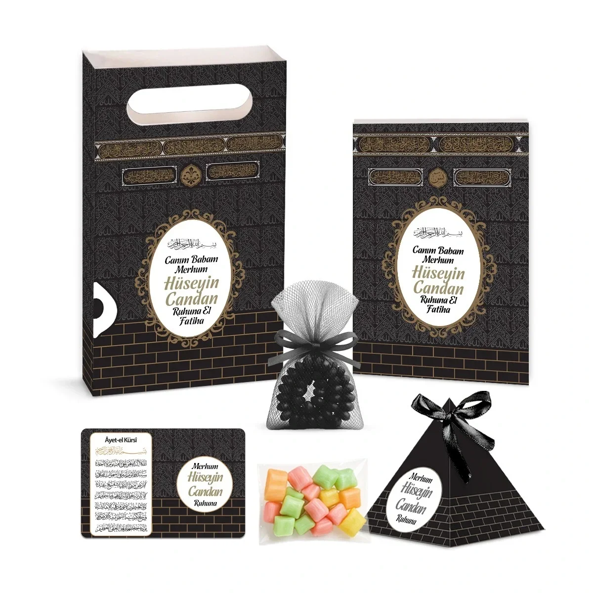 Kabe Model Siyah Renkli Yasin Kitabı, Piramit Külah, Mevlüt Şekeri, Ayet-el Kürsi Magnet, Karton Çanta ve Tesbih - Mevlüt Hediyelikleri