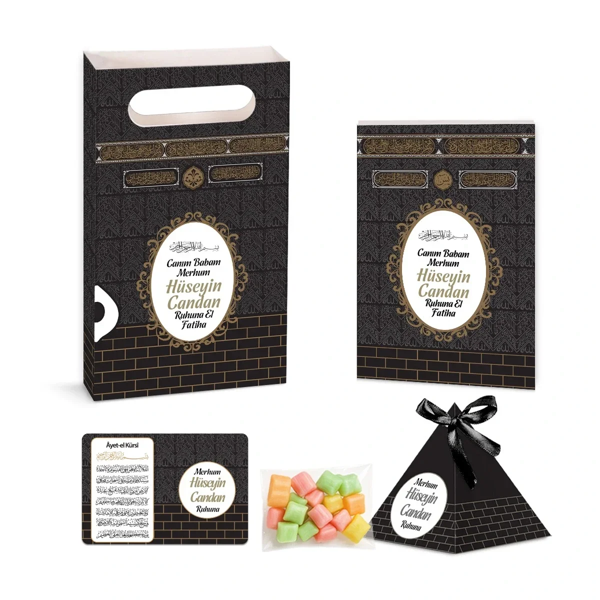 Kabe Model Siyah Renkli Yasin Kitabı, Piramit Külah, Mevlüt Şekeri, Ayet-el Kürsi Magnet, Karton Çanta - Mevlüt Hediyelikleri