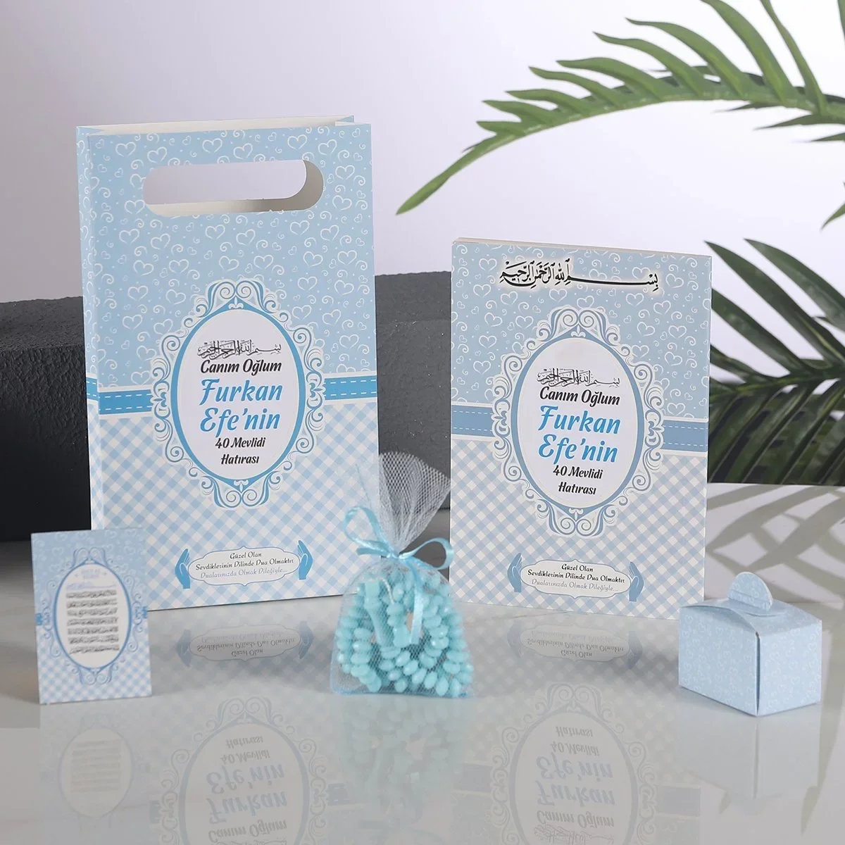 Kalp Model Mavi Renkli Yasin Kitabı, Lokum Kutusu, Magnet, Karton Çanta ve Tesbih - Mevlüt Hediyelikleri