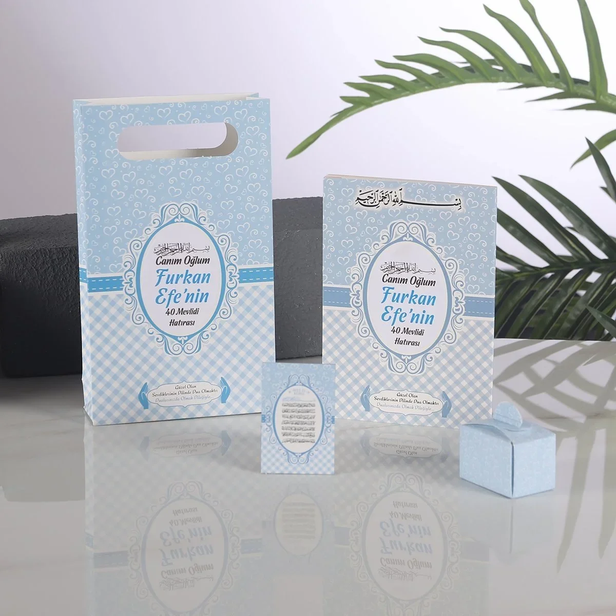 Kalp Model Mavi Renkli Yasin Kitabı, Lokum Kutusu, Magnet ve Karton Çanta - Mevlüt Hediyelikleri