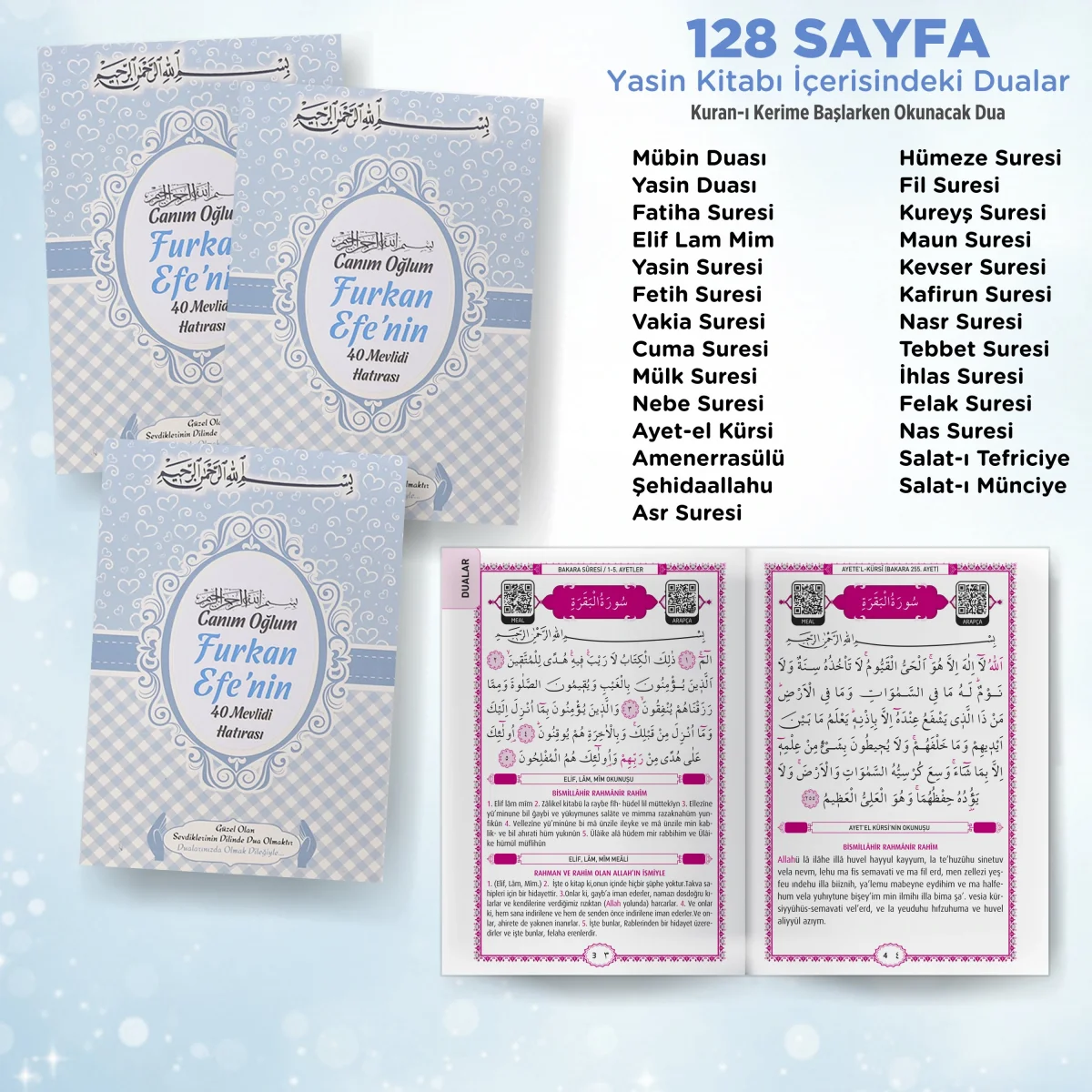 Kalp Model Mavi Renkli Yasin Kitabı, Lokum Kutusu, Magnet ve Karton Çanta - Mevlüt Hediyelikleri