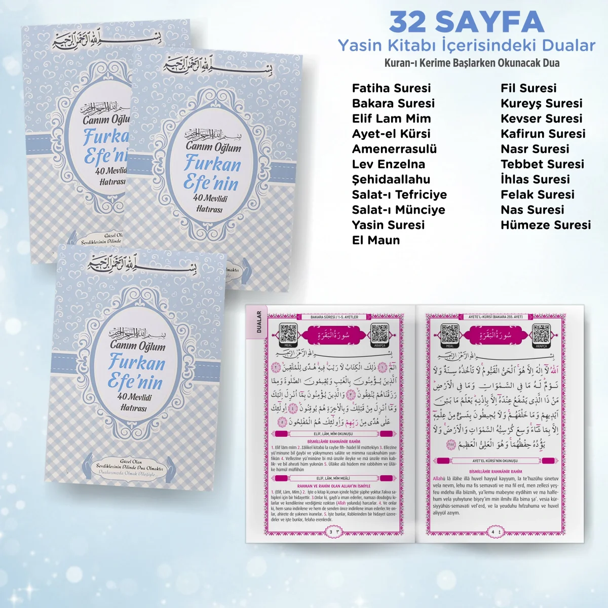 Kalp Model Mavi Renkli Yasin Kitabı, Piramit Külah, Ayet-el Kürsi Magnet, Karton Çanta ve Tesbih - Mevlüt Hediyelikleri