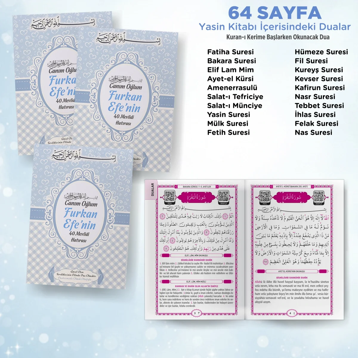 Kalp Model Mavi Renkli Yasin Kitabı, Piramit Külah, Mevlüt Şekeri, Ayet-el Kürsi Magnet, Karton Çanta ve Tesbih - Mevlüt Hediyelikleri